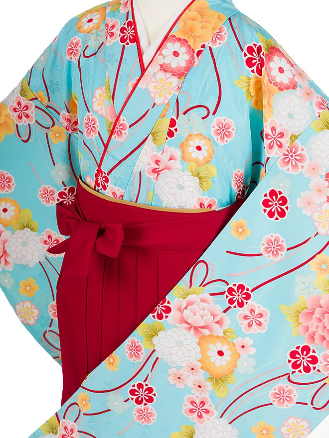 小学生卒業式かんたん袴(女の子)水色 桜牡丹菊 091