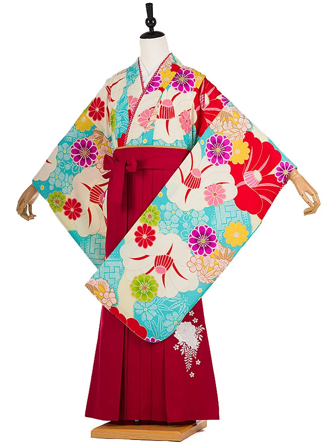 小学生 かんたん 卒業女袴 japanstyle 水色 椿  092