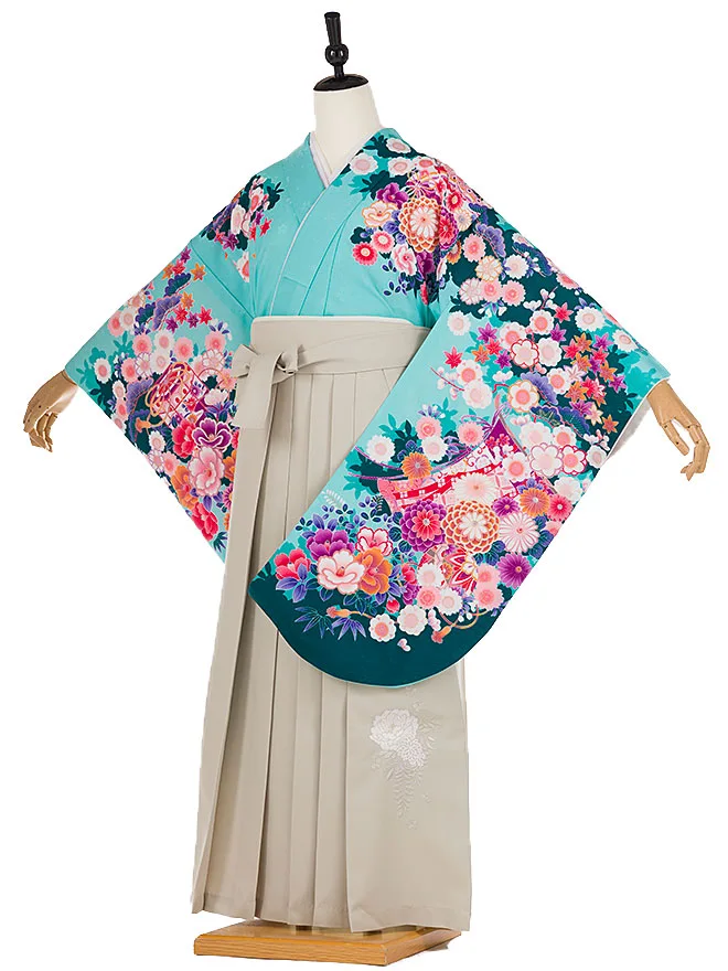 小学生卒業式かんたん袴(女の子)水色 桜菊椿 095