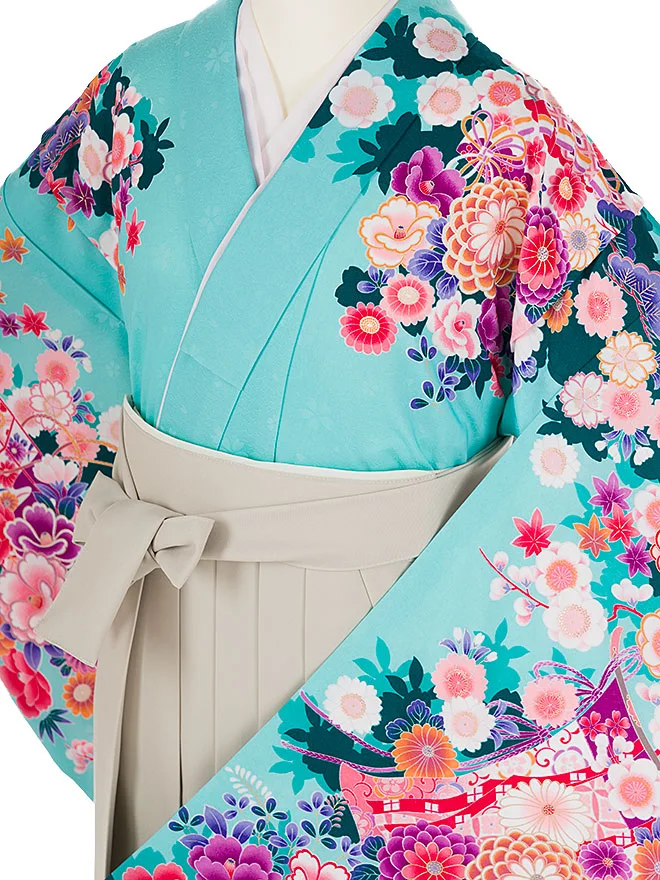 小学生卒業式かんたん袴(女の子)水色 桜菊椿 095