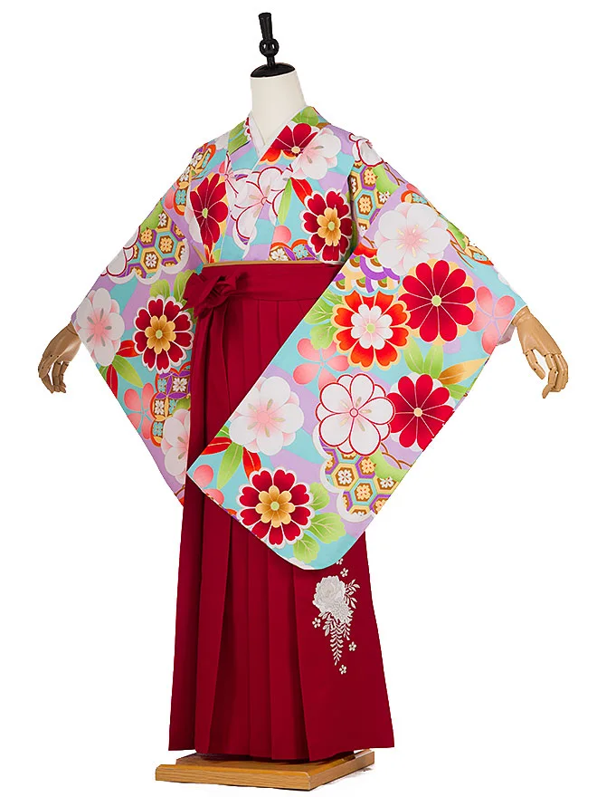 小学生卒業式かんたん袴(女の子)水色 桜菊 096