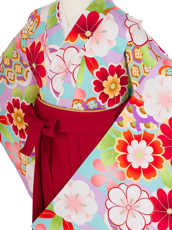 小学生卒業式かんたん袴(女の子)水色 桜菊 096