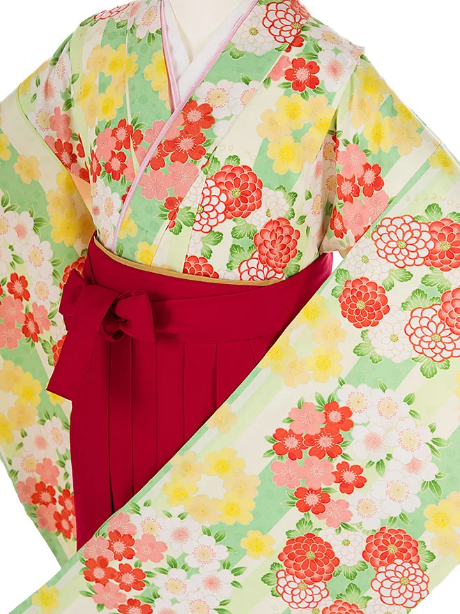 小学生 かんたん 卒業女袴 pomponette 黄緑 菊桜  098