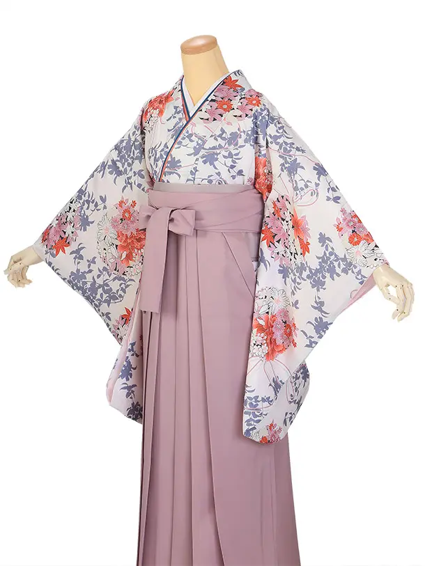 卒業袴 二尺袖/S061/白・くすみピンク/朱色牡丹