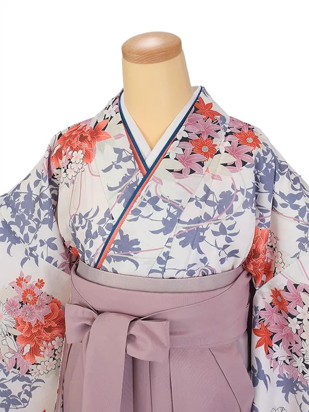 卒業袴 二尺袖/S061/白・くすみピンク/朱色牡丹