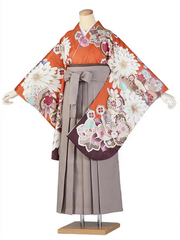 卒業袴 二尺袖/S067/オレンジ/菊の花