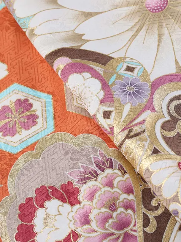 卒業袴 二尺袖/S067/オレンジ/菊の花