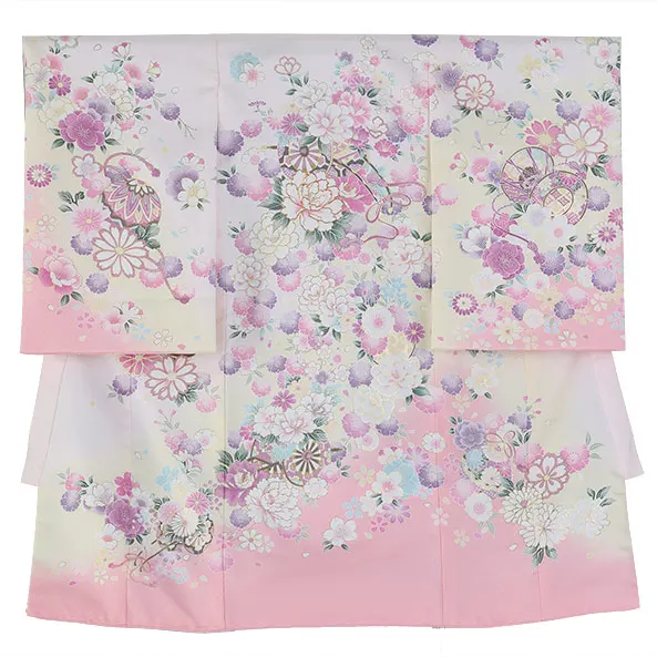 女児産着/U126/薄桃色×ピンク×薄黄 鞠と鼓