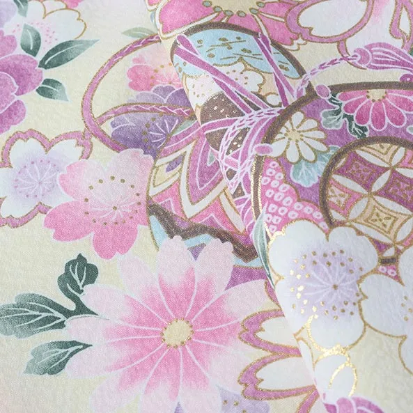 女児産着/U126/薄桃色×ピンク×薄黄 鞠と鼓