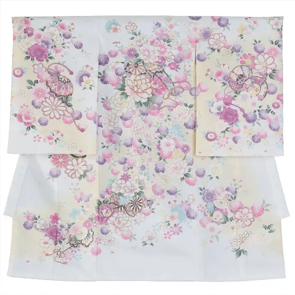 女児産着/U127/白×薄黄 鞠と鼓