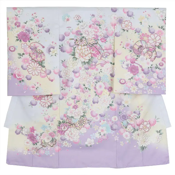 女児産着/U128/白×薄紫×薄黄 鞠と鼓