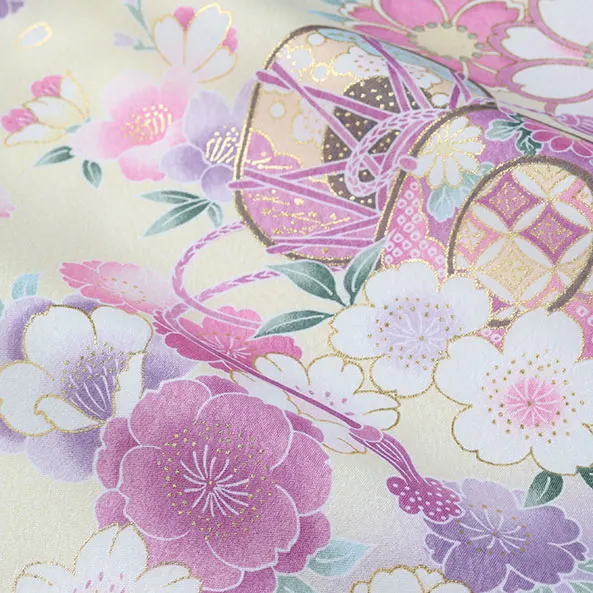 女児産着/U128/白×薄紫×薄黄 鞠と鼓