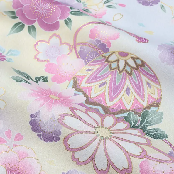 女児産着/U128/白×薄紫×薄黄 鞠と鼓