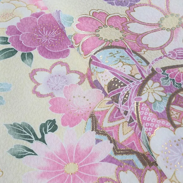 女児産着/U128/白×薄紫×薄黄 鞠と鼓