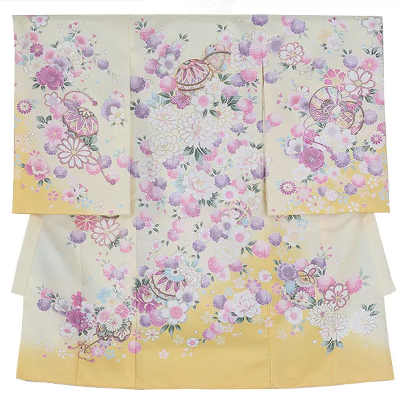 女児産着/U130/クリーム×黄 鞠と鼓
