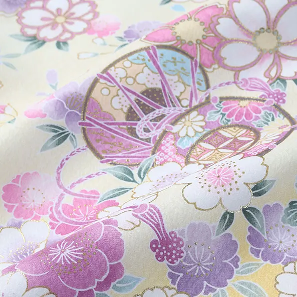 女児産着/U130/クリーム×黄 鞠と鼓