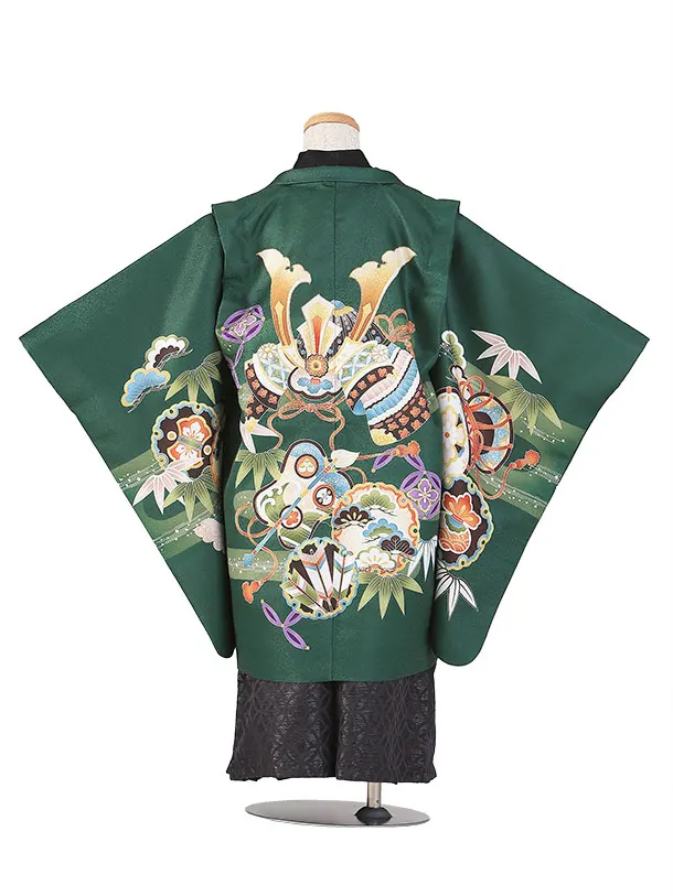 七五三（5歳6歳男児袴)B177/緑 兜と鼓と軍配