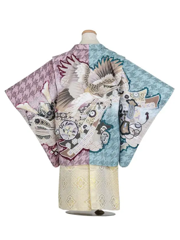 七五三（5歳男児袴）B188/青×赤 鷹と兜