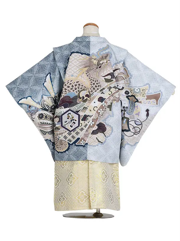 七五三（5歳男児袴）B189/青グレー×白グレー 龍と兜