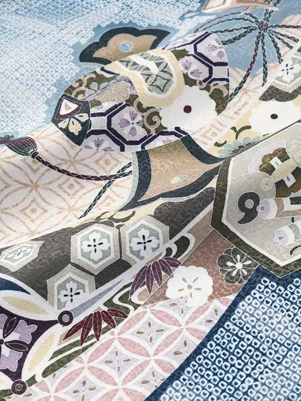 七五三（5歳男児袴）B189/青グレー×白グレー 龍と兜