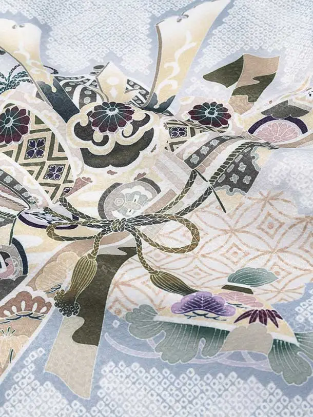 七五三（5歳男児袴）B189/青グレー×白グレー 龍と兜