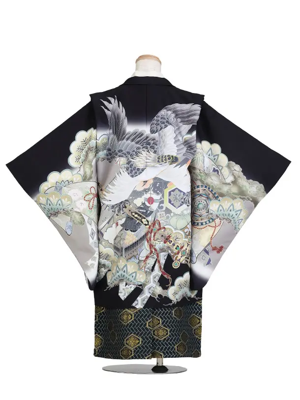 七五三（5歳男児袴）B197/黒/鷹・松・鼓