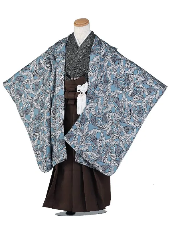 七五三（5歳男児袴）B198/グレー水色/レトロ柄