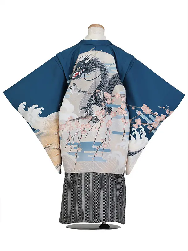 七五三（5歳男児袴）B203/紺青×黒袴/龍/梅/松/市松模様