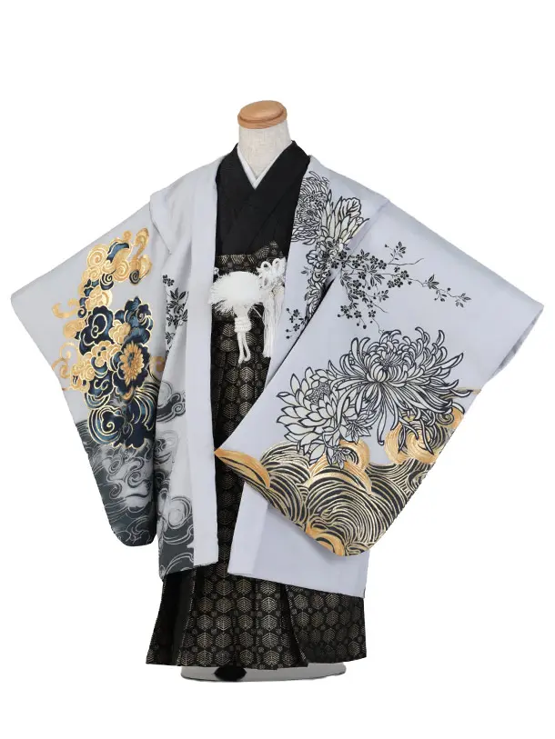 七五三（5歳男児袴）B210/バープルグレー×黒袴/鷹と乱菊 吉祥文様