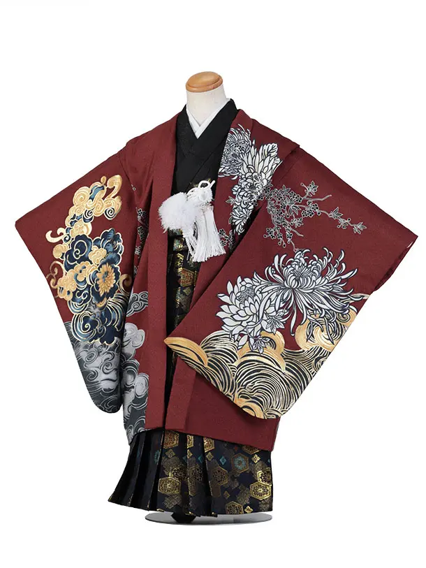 七五三（5歳男児袴）B211/臙脂×黒袴 虎と曇紋と乱菊