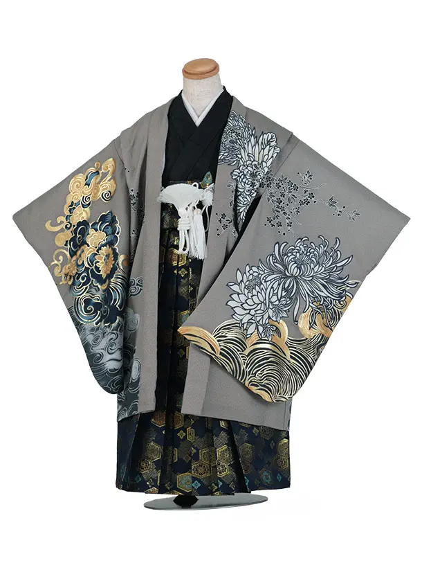 七五三（5歳男児袴）B212/鼠色×黒袴 虎と曇紋と乱菊