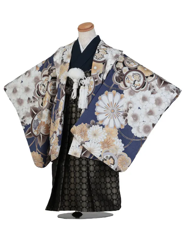 七五三（5歳男児袴）B217/紺色×黒袴 橘 桜