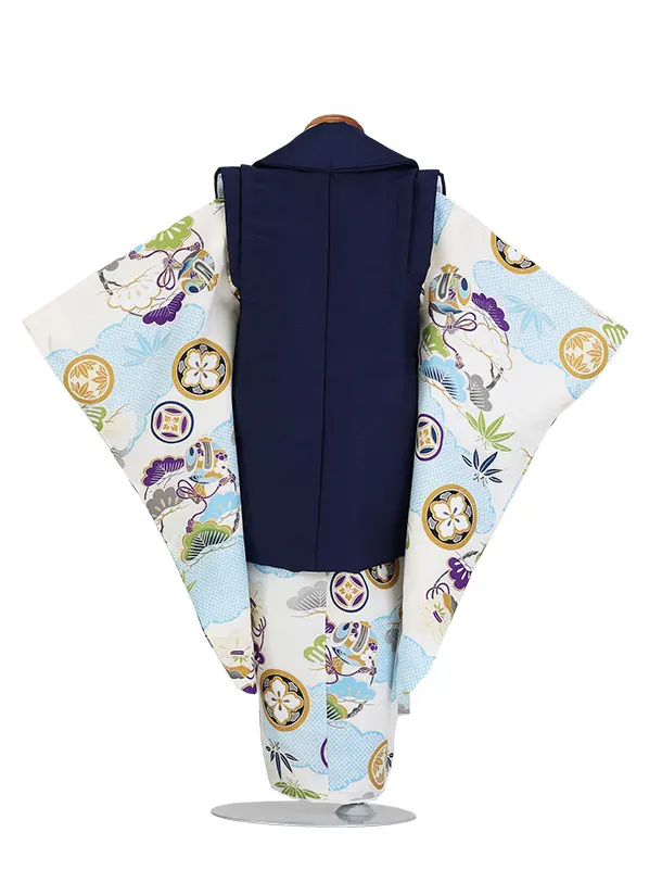 七五三（3歳男児被布）H112/紺被布 雲と松・小槌