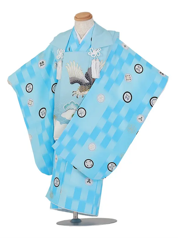 七五三（3歳男児被布）H130/水色チェック 鷹