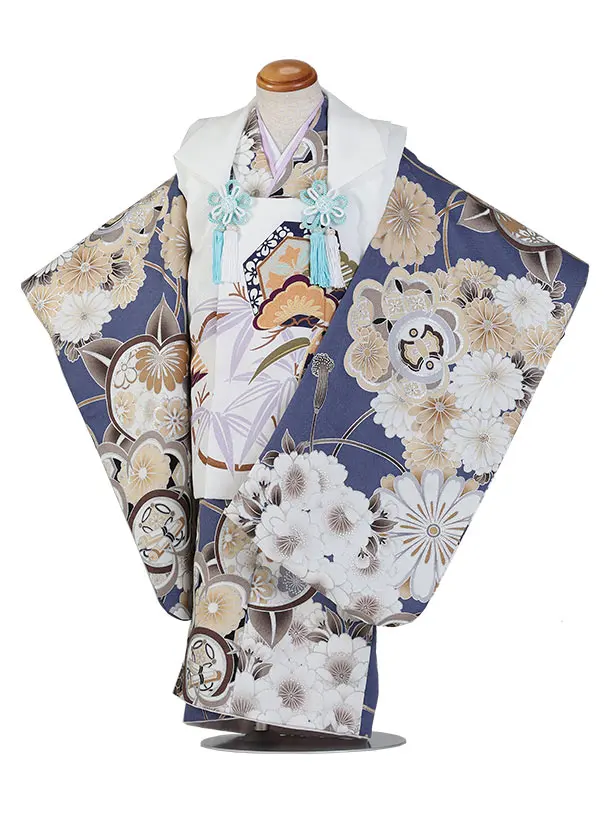 七五三（3歳男児被布）H134/白被布×青・橘桜