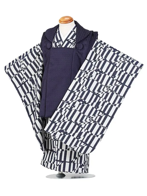 七五三（3歳男児被布）H139/白青 幾何学模様