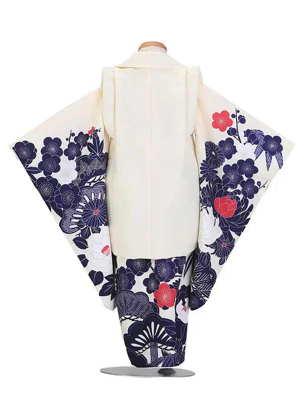 七五三（3歳女児被布）D138/菊と梅の花・クリーム紺