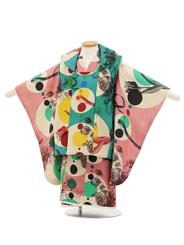 germer/七五三（3歳女児被布）D144/緑×ピンク 大小の円