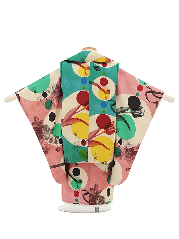 germer/七五三（3歳女児被布）D144/緑×ピンク 大小の円