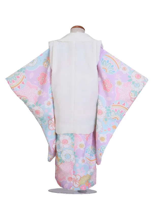 七五三（3歳女児被布）D149/紫・水色 鞠と小花