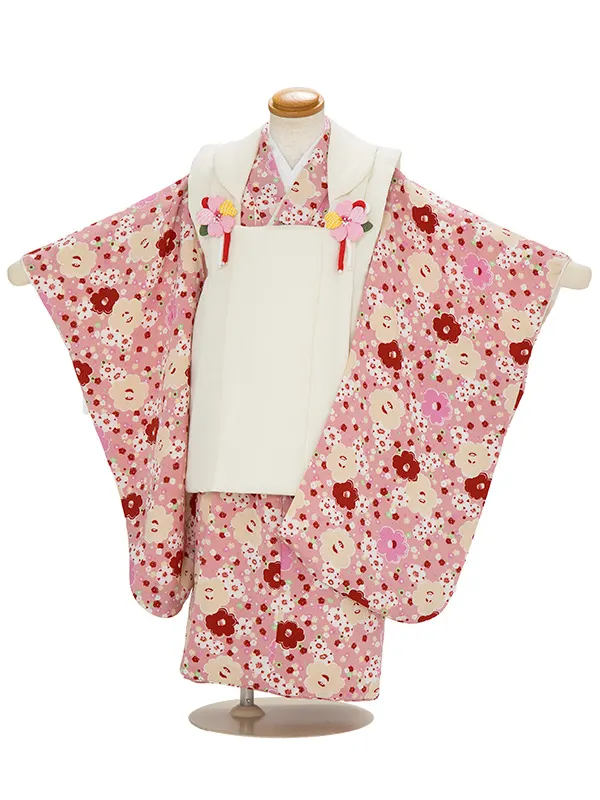七五三（3歳女児被布）D154/白 ちりめん無地/ピンク小梅