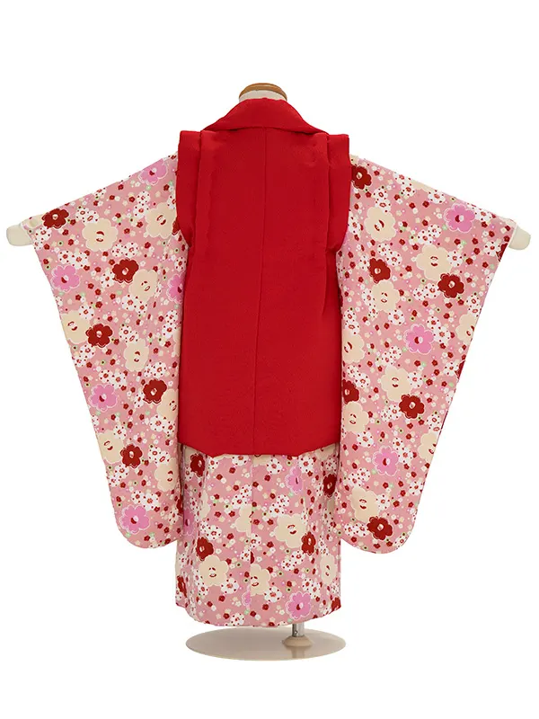 七五三（3歳女児被布）D155/赤 ちりめん無地/ピンク小梅