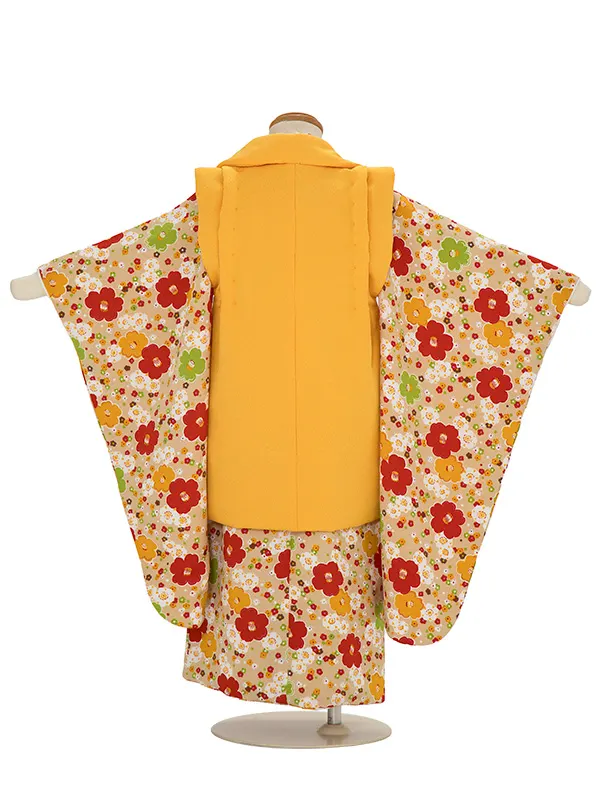 七五三（3歳女児被布）D156/からし色 ちりめん無地/ベージュ小梅