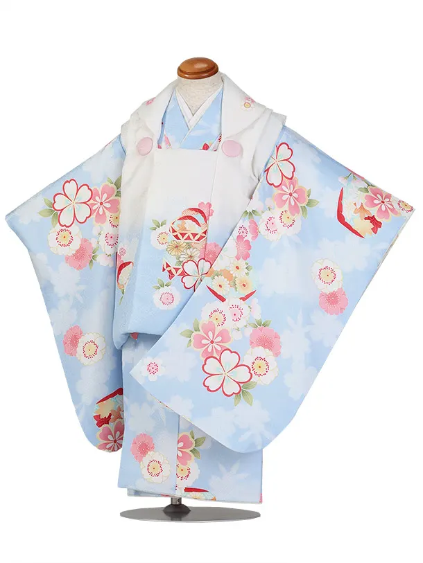 七五三（3歳女児被布）D170/白×パステルブルー/手鞠/貝/花づくし