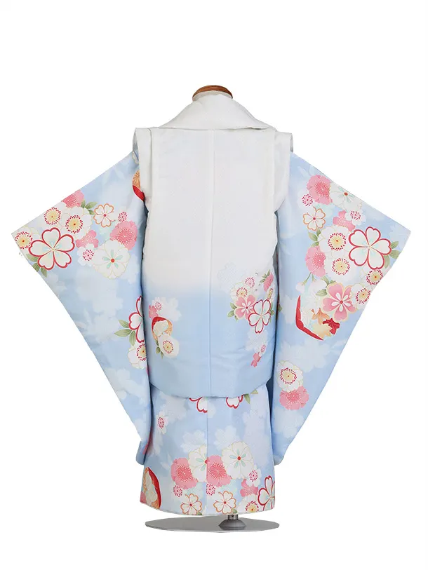 七五三（3歳女児被布）D170/白×パステルブルー/手鞠/貝/花づくし