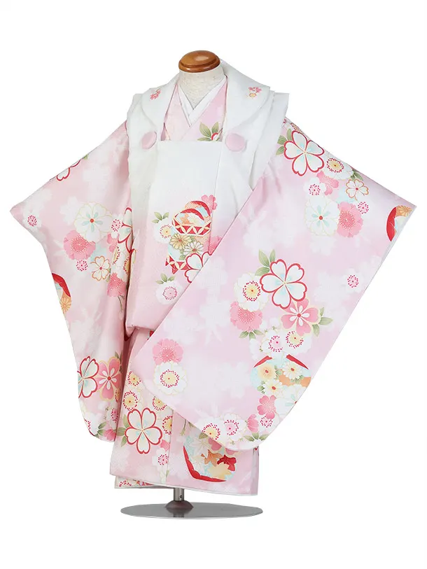 七五三（3歳女児被布）D171/白×パステルピンク/手鞠/貝/花づくし