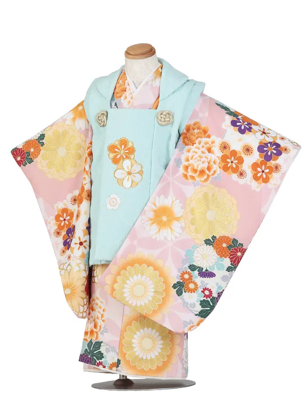 七五三（3歳女児被布） D172/パステルグリーン×ピンク/牡丹/菊