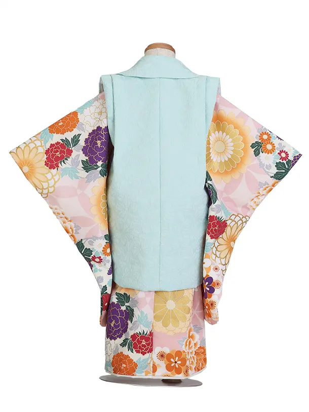 七五三（3歳女児被布） D172/パステルグリーン×ピンク/牡丹/菊