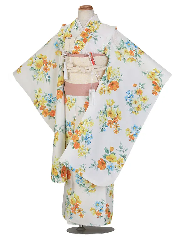 七五三（7歳女児結び帯）F059/白地にオレンジ花