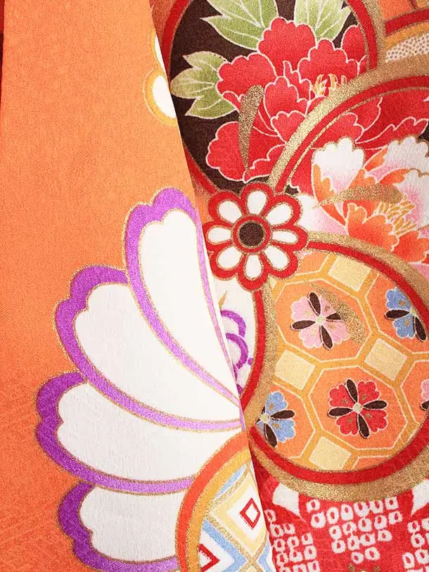 七五三（7歳女児結び帯）F067/オレンジ ねじり梅